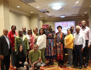 Group photo of Honourable Faustina Namutenya Caley, Deputy Minister, Ministry of Education, Arts and Culture, Namibia, along with Prof Asha Kanwar and Dr Balaji with the Namibian GIRLS Inspire partner.